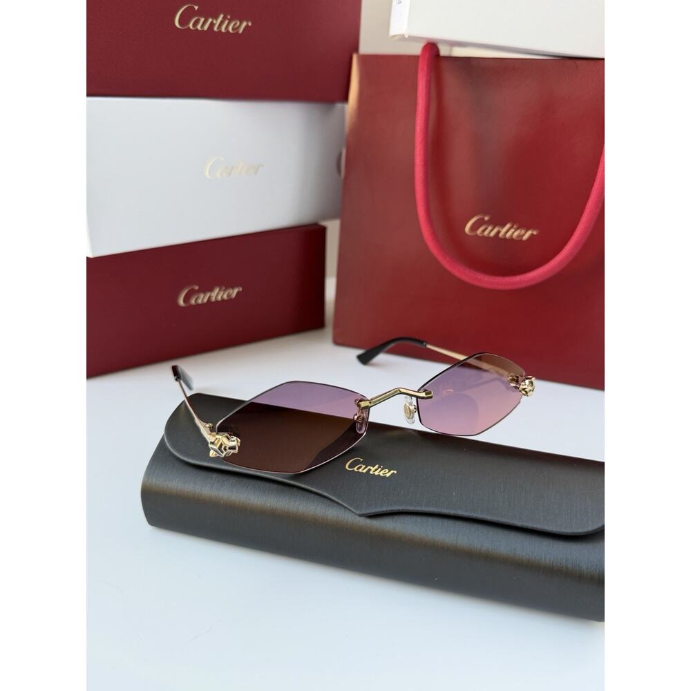 CARTIER Panthere De Cartier Sunglasses CT0433S 004 Gold Violet Lens AUTHENTIC - Picture 4 of 13